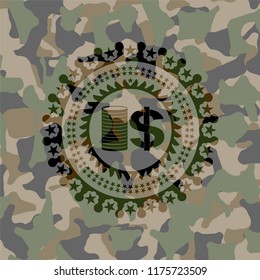 stack of coins icon inside camouflage texture
