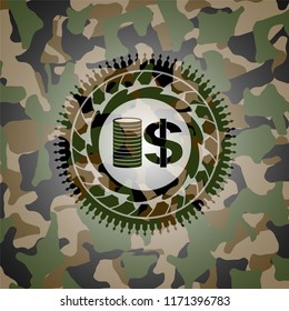 stack of coins icon inside camouflaged emblem