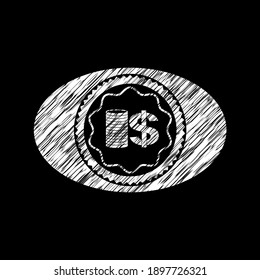 stack of coins icon inside chalk emblem written on a blackboard. 