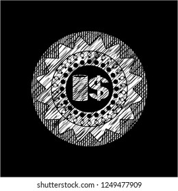 stack of coins icon inside chalkboard emblem