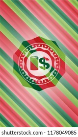 stack of coins icon inside christmas emblem.