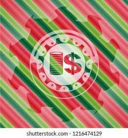 stack of coins icon inside christmas colors style badge.