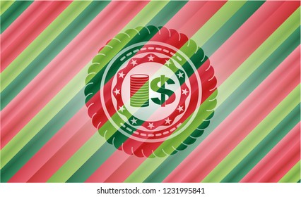 stack of coins icon inside christmas colors style badge.