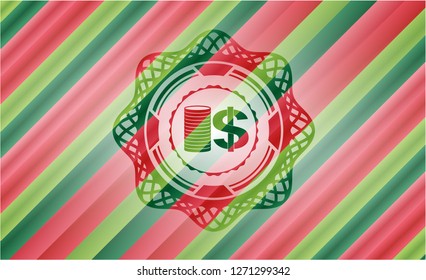 stack of coins icon inside christmas badge background.