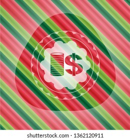 stack of coins icon inside christmas emblem.