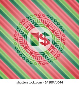 stack of coins icon inside christmas style emblem.