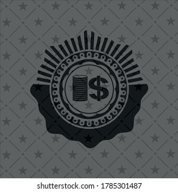 stack of coins icon inside dark emblem. Retro. 