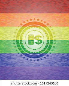 stack of coins icon inside emblem on mosaic background with the colors of the LGBT flag