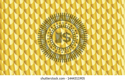 stack of coins icon inside gold badge. Scales pattern. Vector Illustration. Detailed.