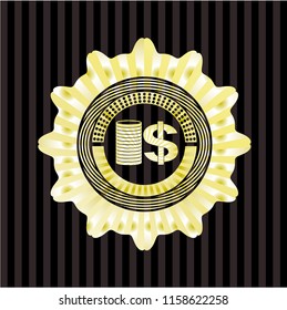 stack of coins icon inside golden emblem or badge