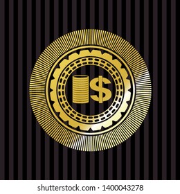 stack of coins icon inside golden badge or emblem