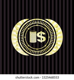 stack of coins icon inside golden badge or emblem