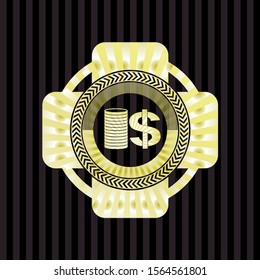 stack of coins icon inside golden badge or emblem