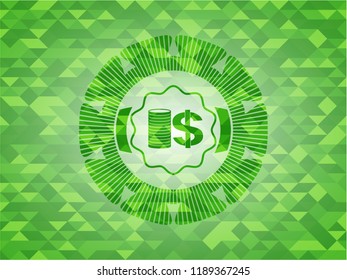 stack of coins icon inside green emblem with mosaic ecological style background