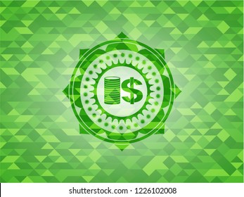 stack of coins icon inside green emblem with triangle mosaic background