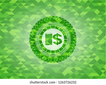 stack of coins icon inside green emblem. Mosaic background