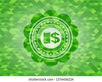 stack of coins icon inside green emblem with triangle mosaic background