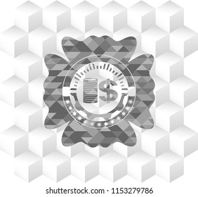 stack of coins icon inside grey badge with geometric cube white background