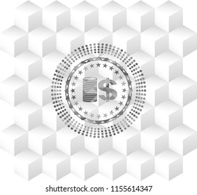 stack of coins icon inside grey emblem. Vintage with geometric cube white background