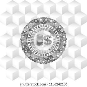 stack of coins icon inside grey badge with geometric cube white background
