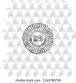 stack of coins icon inside grey badge with geometric cube white background