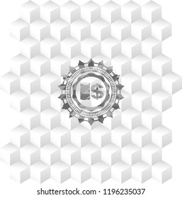 stack of coins icon inside grey badge with geometric cube white background