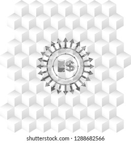 stack of coins icon inside grey badge with geometric cube white background