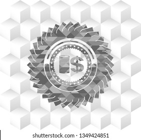 stack of coins icon inside grey badge with geometric cube white background