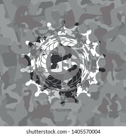 stack of coins icon inside grey camouflaged emblem