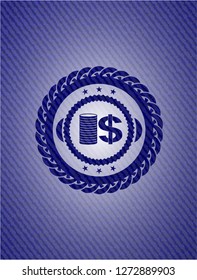 stack of coins icon inside jean or denim emblem or badge background