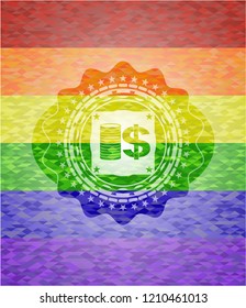 stack of coins icon inside lgbt colors emblem 