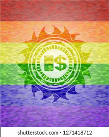 stack of coins icon inside lgbt colors emblem 