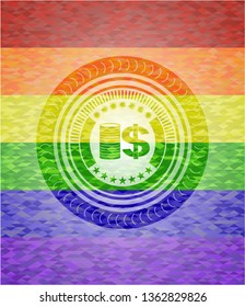 stack of coins icon inside lgbt colors emblem 