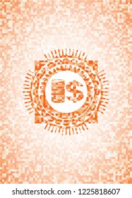 stack of coins icon inside orange mosaic emblem with background