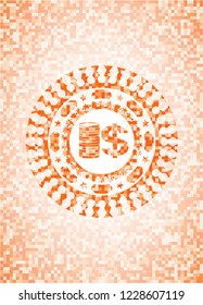 stack of coins icon inside orange mosaic emblem