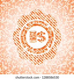stack of coins icon inside orange mosaic emblem