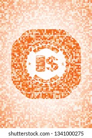 stack of coins icon inside orange tile background illustration. Square geometric mosaic seamless pattern with emblem inside.