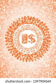 stack of coins icon inside orange tile background illustration. Square geometric mosaic seamless pattern with emblem inside.