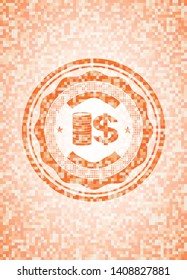 stack of coins icon inside orange tile background illustration. Square geometric mosaic seamless pattern with emblem inside.