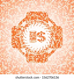 stack of coins icon inside orange mosaic emblem with background