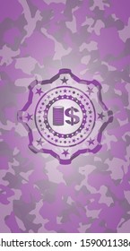 stack of coins icon inside pink and purple camo texture