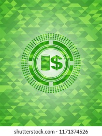 stack of coins icon inside realistic green emblem. Mosaic background