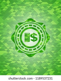 stack of coins icon inside realistic green emblem. Mosaic background
