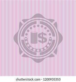 stack of coins icon inside realistic pink emblem