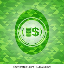 stack of coins icon inside realistic green emblem. Mosaic background