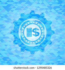 stack of coins icon inside realistic sky blue mosaic emblem