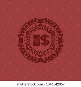 stack of coins icon inside realistic red emblem