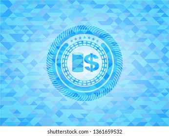 stack of coins icon inside realistic sky blue emblem. Mosaic background