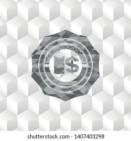 stack of coins icon inside realistic grey emblem with geometric cube white background