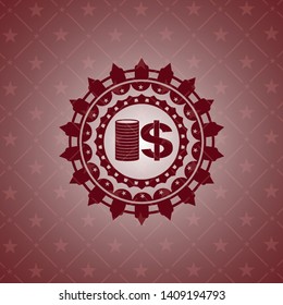 stack of coins icon inside realistic red emblem